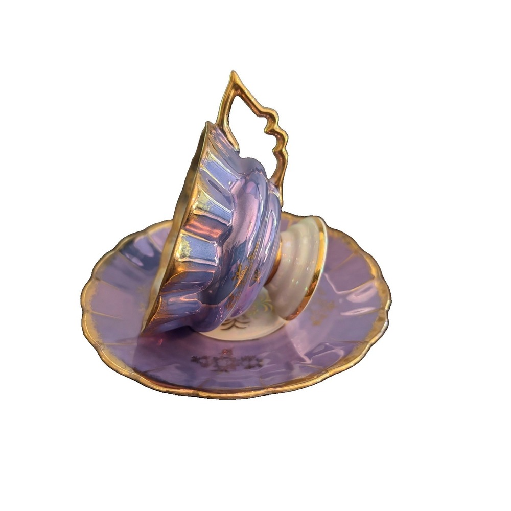 Vintage Fan Crest 1976 Japan Purple Lusterware Teacup Saucer Gold Trim